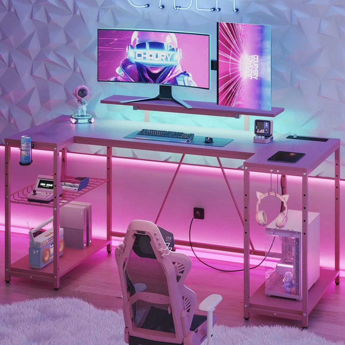 63" Gaming Desk with LED Lights, U-Shaped Computer Desk with Outlets & Monitor Stand, Home Office Desk with Storage Shelves in Pink