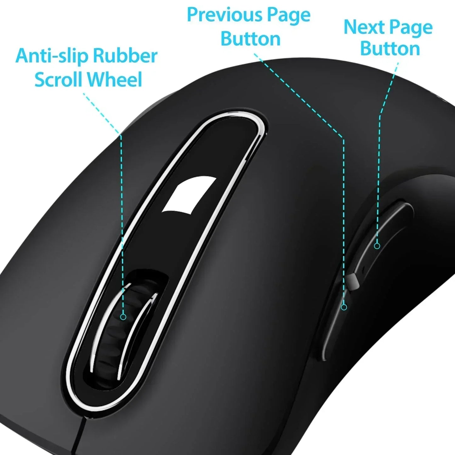 Black gaming mouse with anti-slip rubber scroll wheel, previous and next page side buttons
