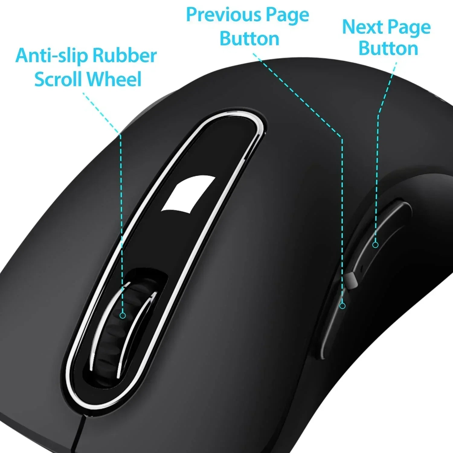 Black gaming mouse with anti-slip rubber scroll wheel, previous and next page side buttons