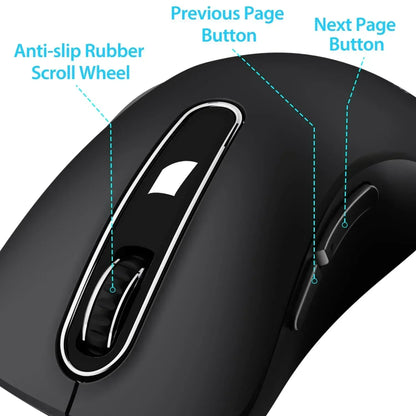 Black gaming mouse with anti-slip rubber scroll wheel, previous and next page side buttons