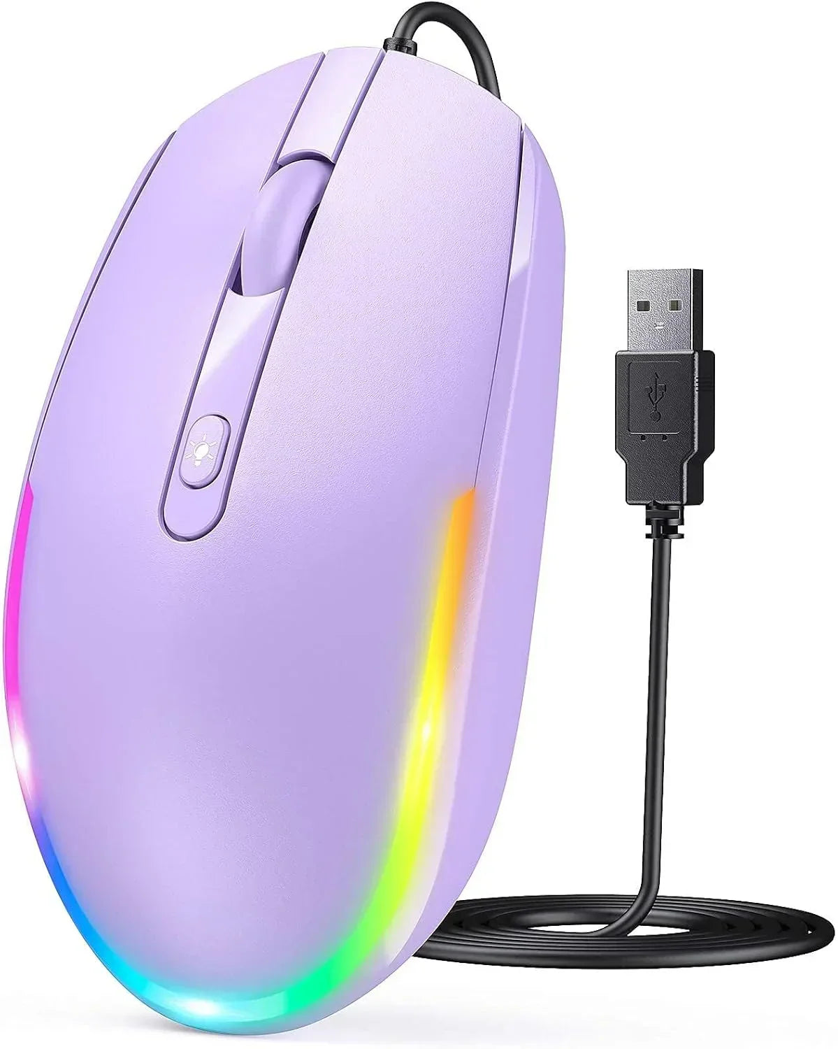 Purple wired gaming mouse with RGB lighting and USB connection on white background