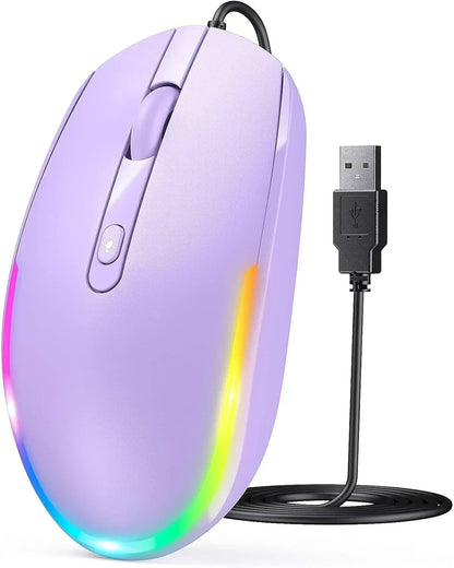 Purple wired gaming mouse with RGB lighting and USB connection on white background