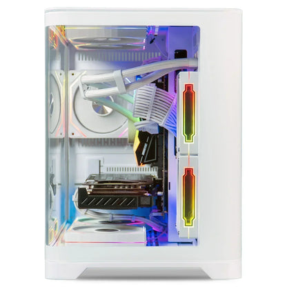 White gaming PC with RGB lighting, visible fans, graphics card, and cable management