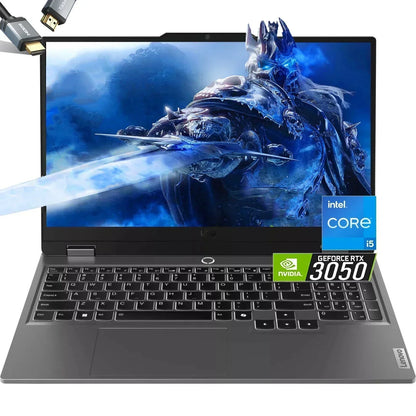 Gaming laptop with Intel Core i5, Nvidia GeForce RTX 3050, fantasy warrior wallpaper on screen