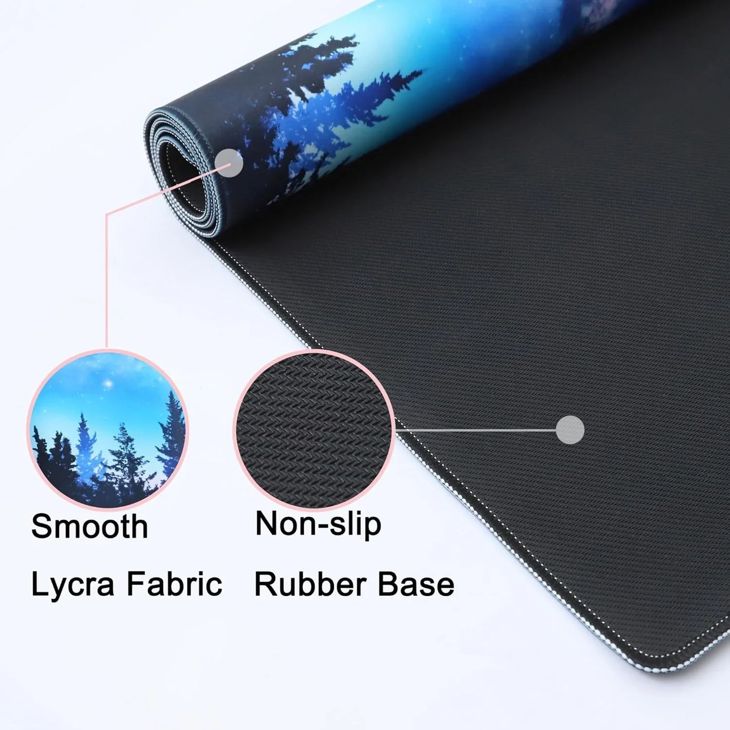 Rolled yoga mat with smooth lycra fabric featuring blue pine tree design and non-slip rubber base