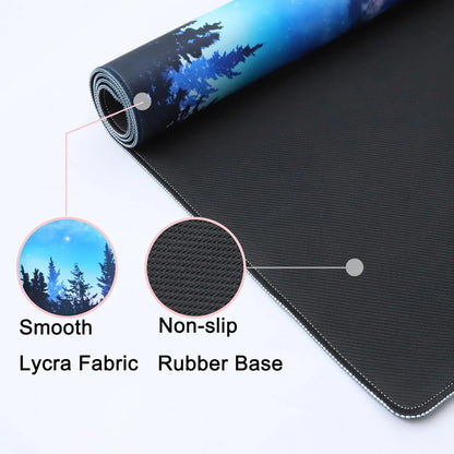 Rolled yoga mat with smooth lycra fabric featuring blue pine tree design and non-slip rubber base