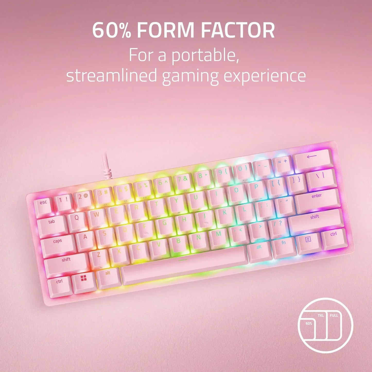 RGB 60% compact gaming keyboard on pink background, portable minimalist setup Byte Style