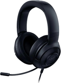 Black over-ear gaming headset with cushioned ear cups and attached boom microphone