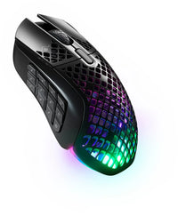 Black gaming mouse with honeycomb design, RGB lighting, and 12 side macro buttons
