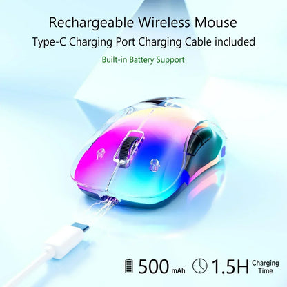 Rechargeable wireless gaming mouse with rainbow LED lighting, Type-C charging cable included.