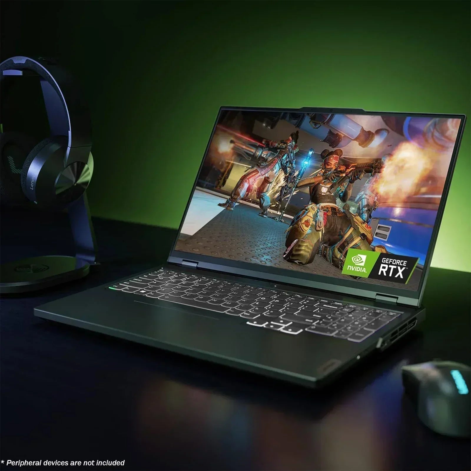 Gaming laptop with NVIDIA GeForce RTX, headset, and mouse on desk with green lighting