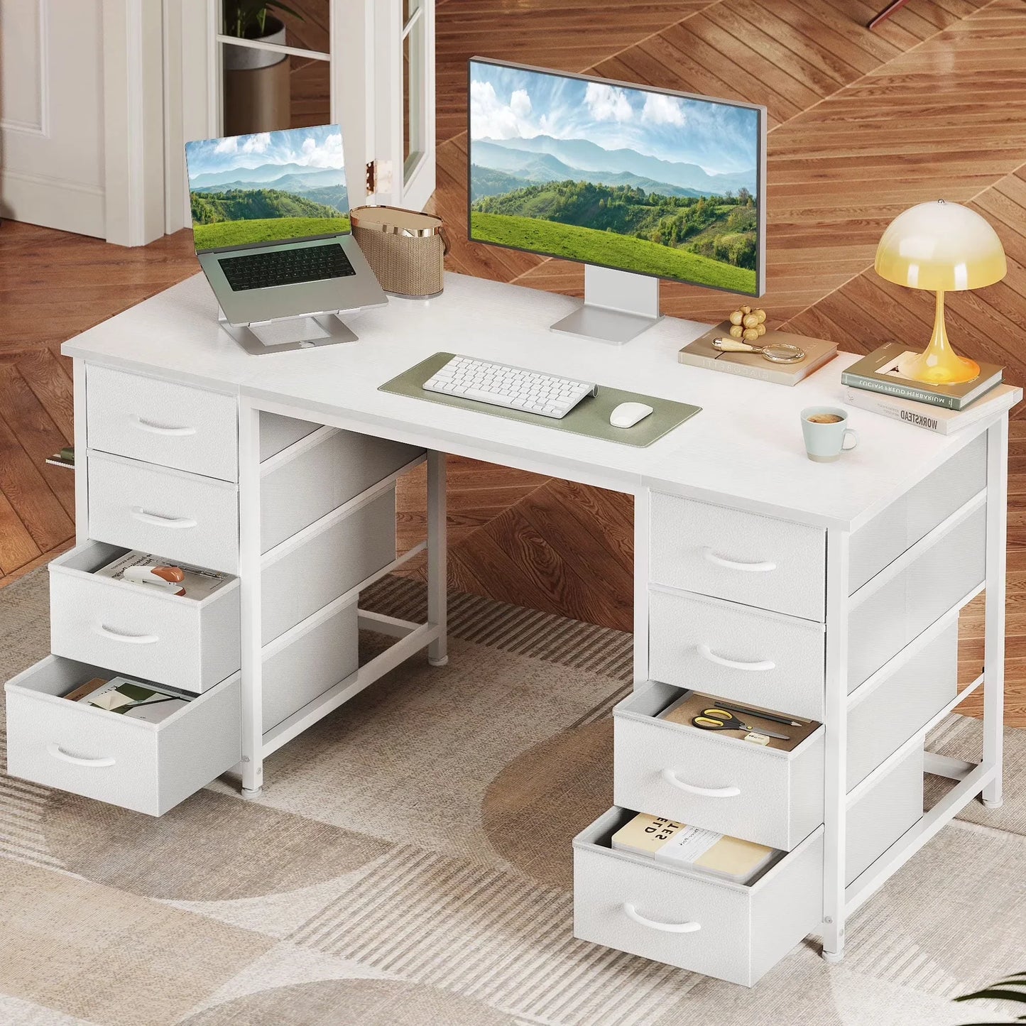 Vintage Computer Desk with Drawers for Storage - 55 Inch Home Office Desk with 8 Fabric Drawers, Writing Study Desk with Drawers on Both Sides for Bedroom