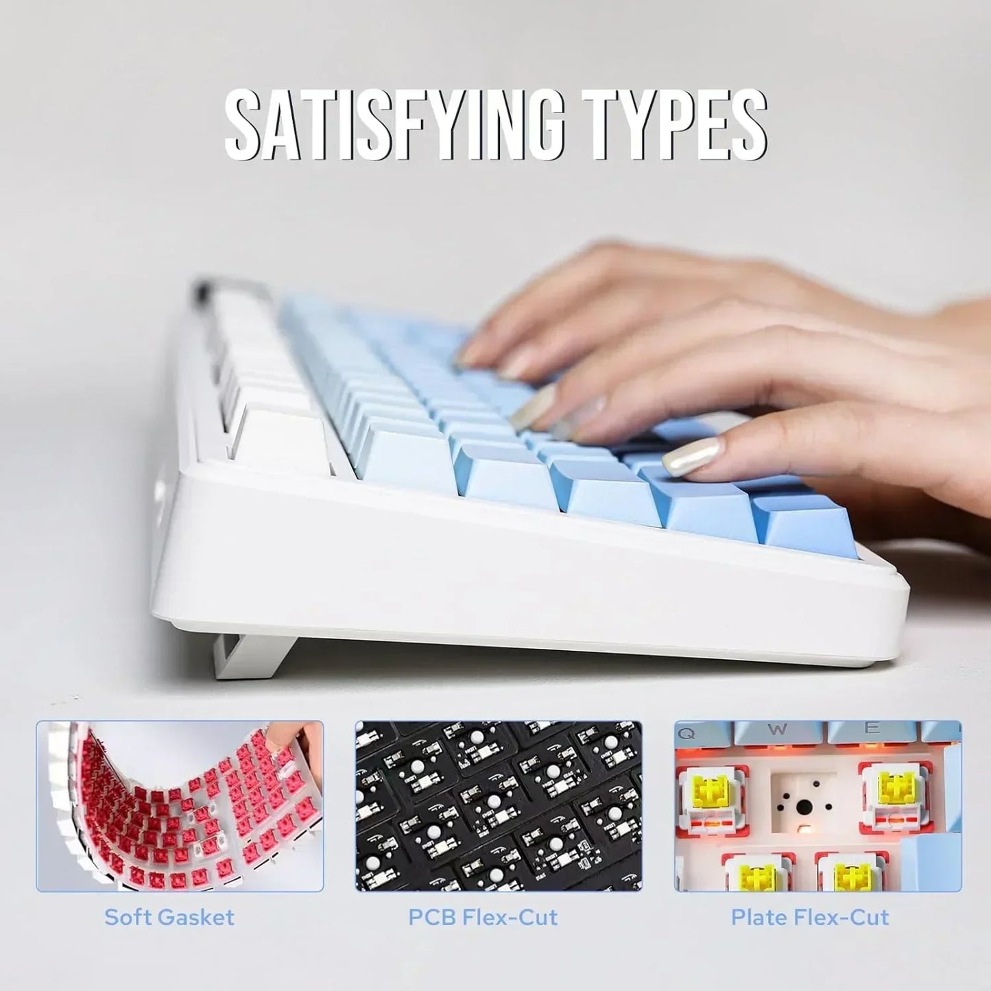 Hands typing on a white and blue mechanical keyboard with soft gasket, PCB flex-cut, and plate flex-cut features, ideal for modern gaming setups from Byte Style.