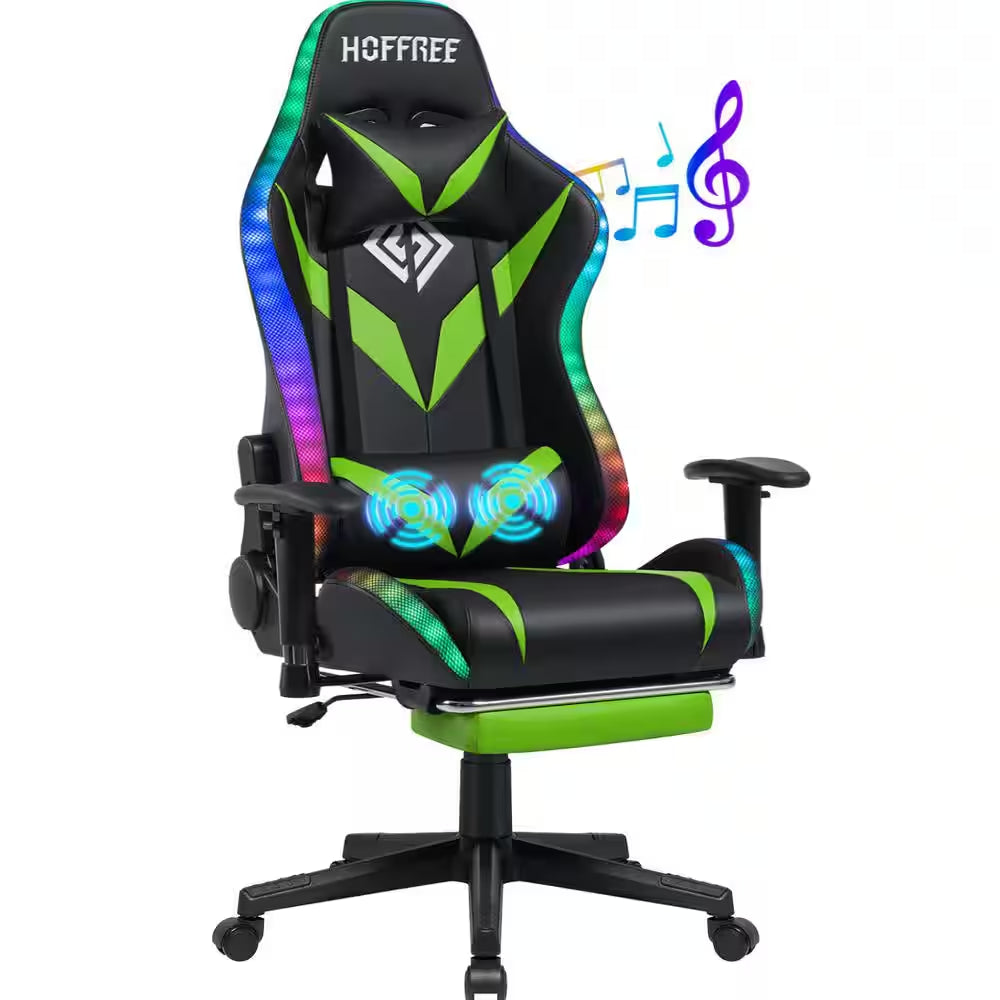 RGB gaming chair with built-in speakers, green accents, and lumbar support for ergonomic comfort