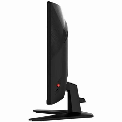 Side view of a sleek black gaming monitor with angular stand and red LED indicator, modern design