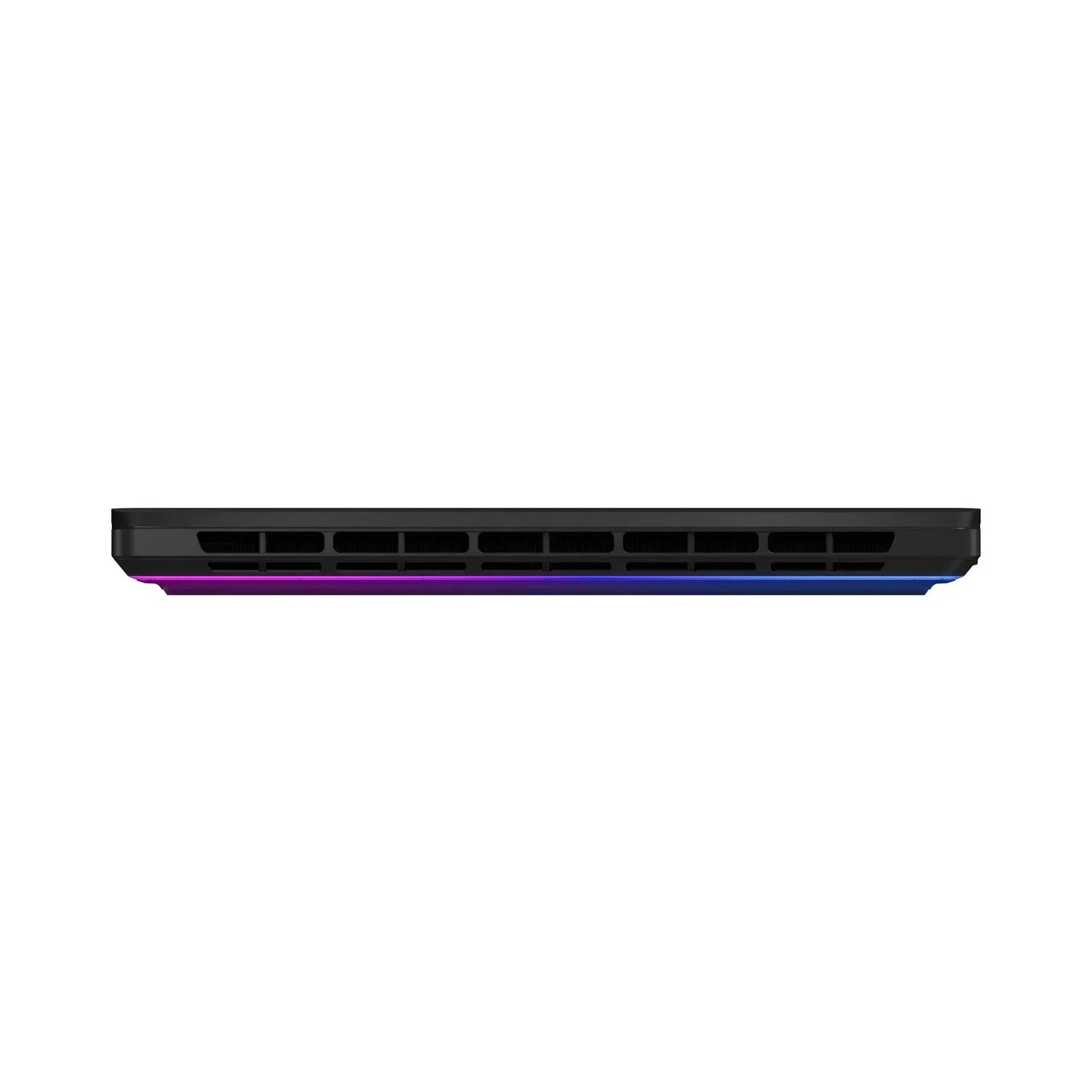 Slim gaming laptop with rear cooling vents and RGB lighting, viewed from the back.