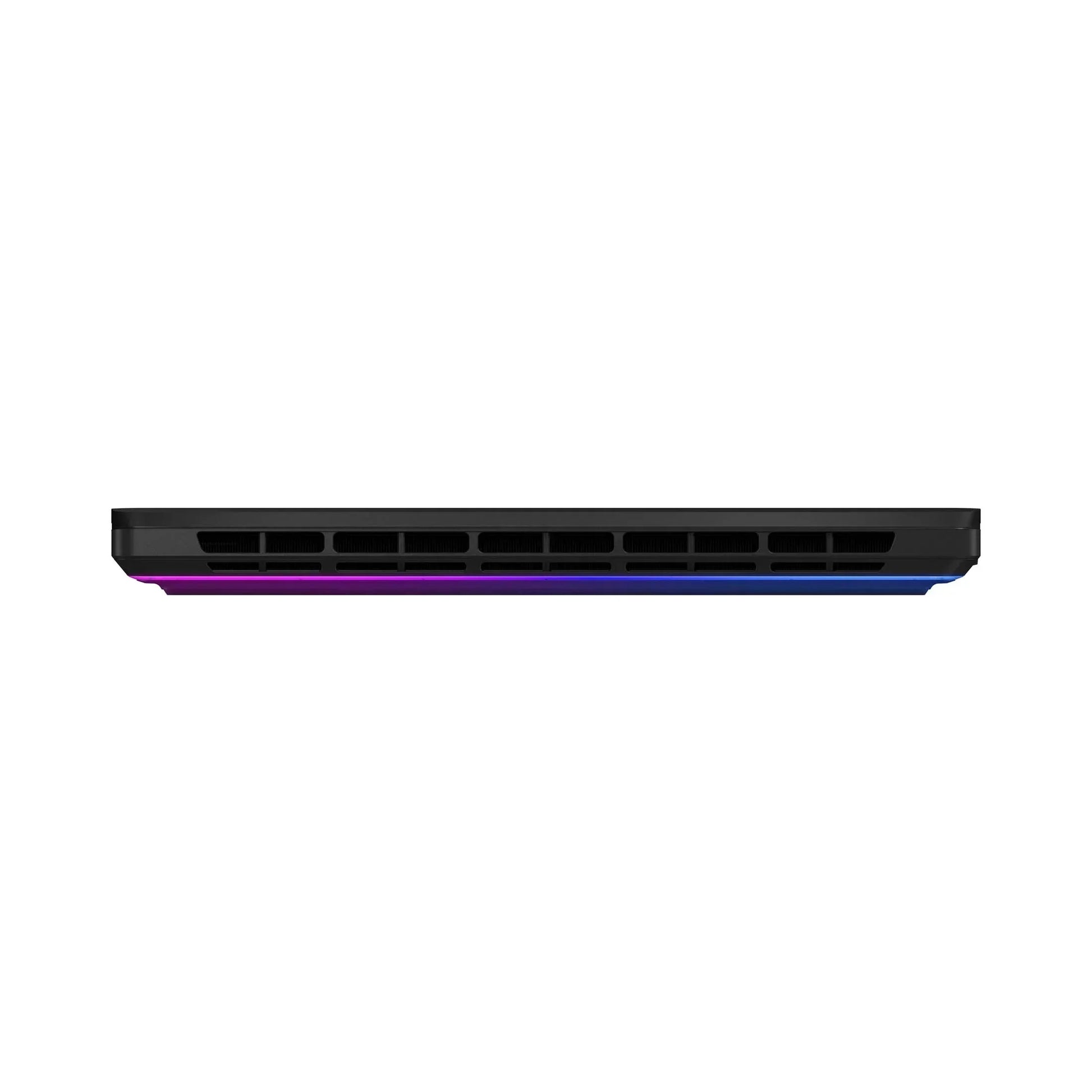 Slim gaming laptop with rear cooling vents and RGB lighting, viewed from the back.