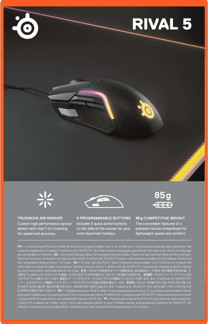 SteelSeries Rival 5 gaming mouse with RGB lighting on black mousepad, featuring 9 programmable buttons and 85g lightweight design
