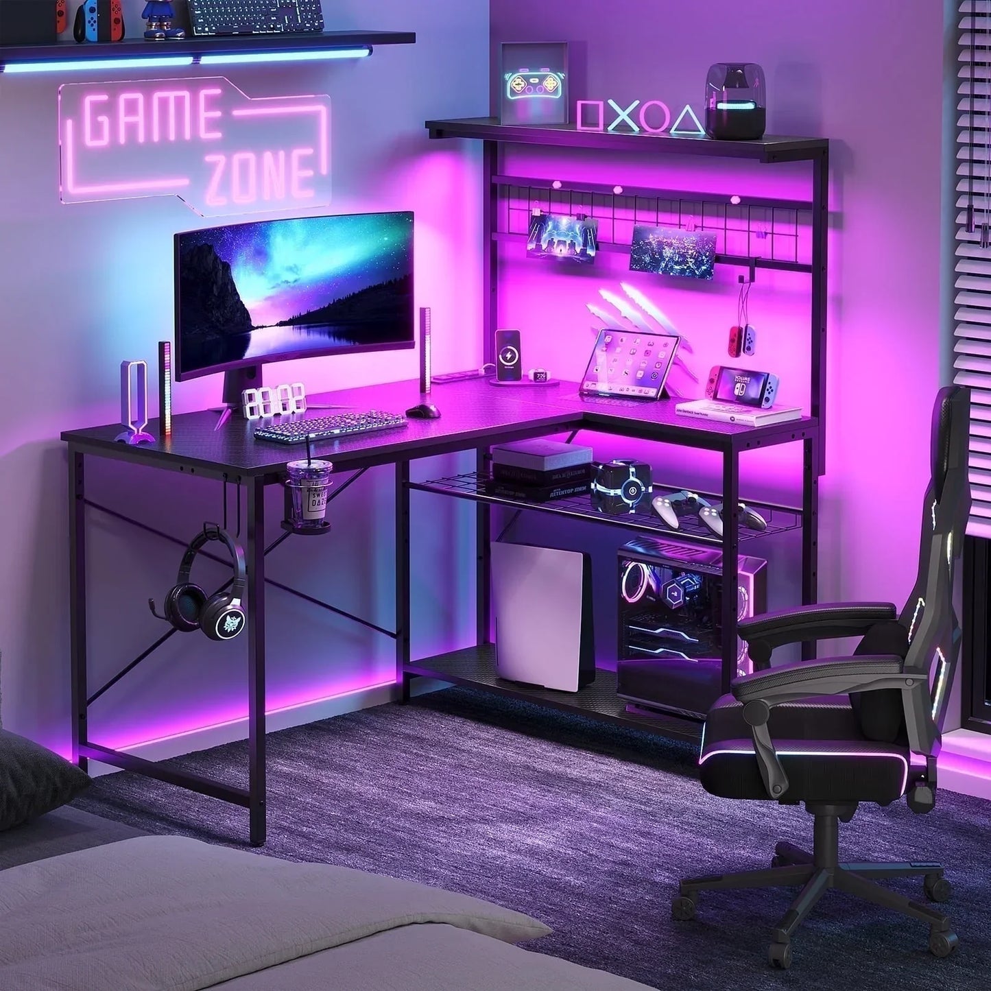 51 L Shaped Gaming Desk with Power Outlets, LED Workstation with 4 Tiers Shelves for Home Office, Gamer Reversible Table with Hooks and Cup Holder, Black Carbon Fiber