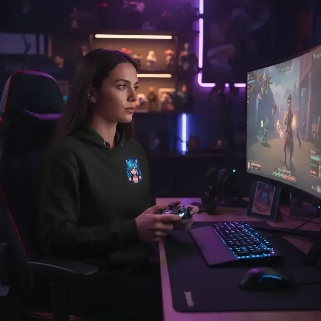 Woman focused on gaming with controller in dark room, RGB keyboard and fantasy game on monitor
