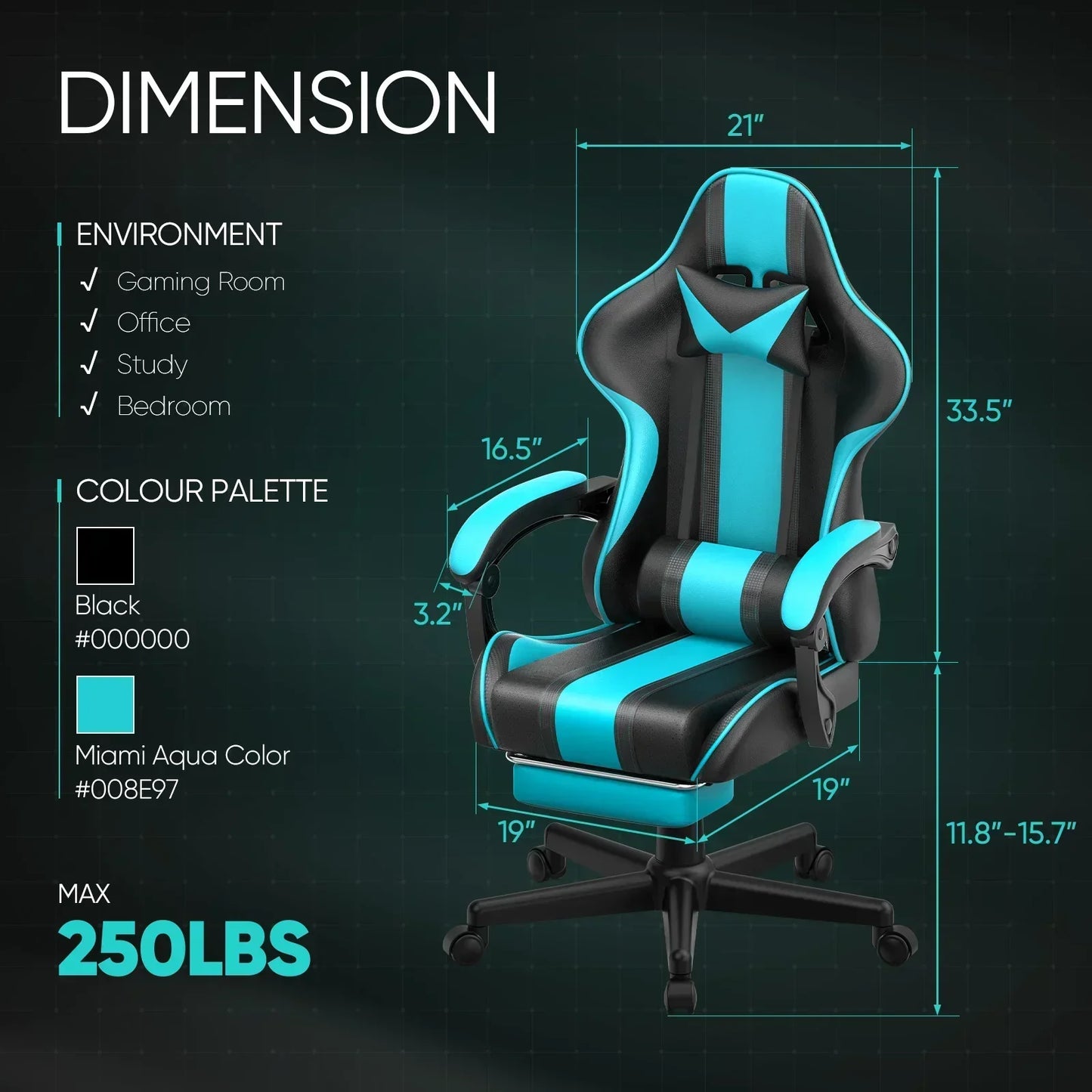 Black and Miami Aqua gaming chair with armrests, head and lumbar pillows, dimensions, suitable for gaming rooms, offices, study, bedroom, max weight 250lbs