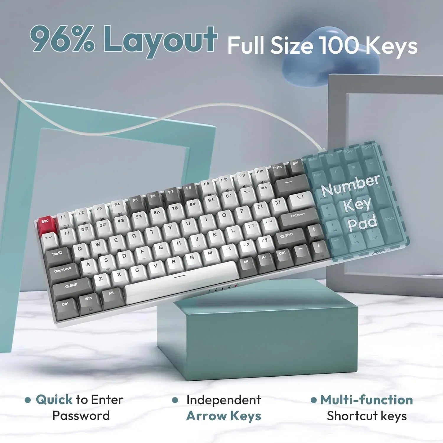 Wired mechanical keyboard with 96% layout, 100 keys including number pad, and gray and white keycaps