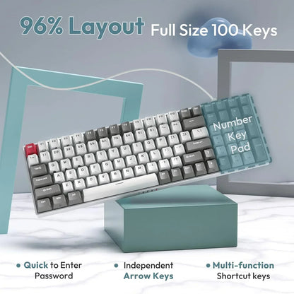 Wired mechanical keyboard with 96% layout, 100 keys including number pad, and gray and white keycaps