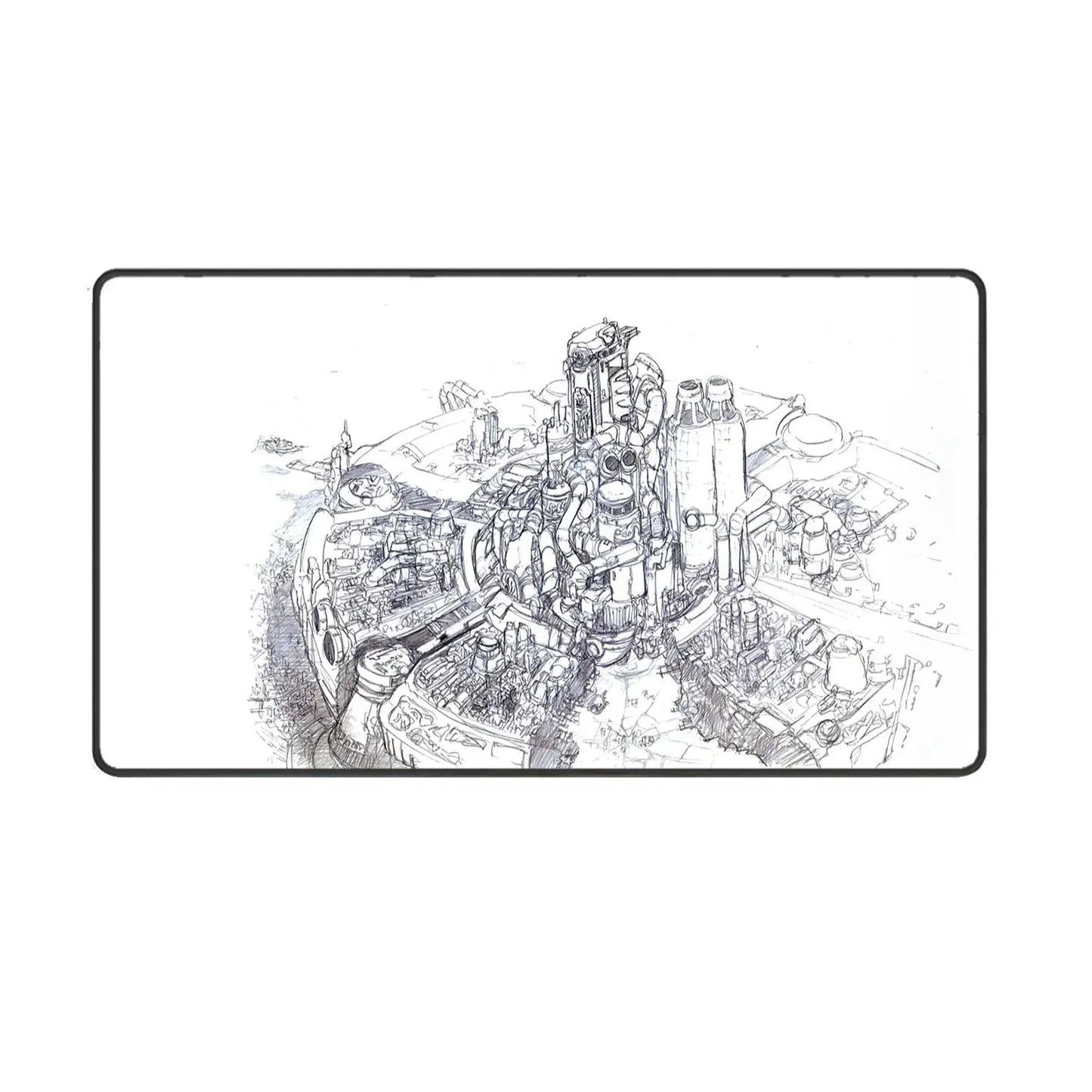 Large gaming mousepad with intricate black and white futuristic cityscape sketch design