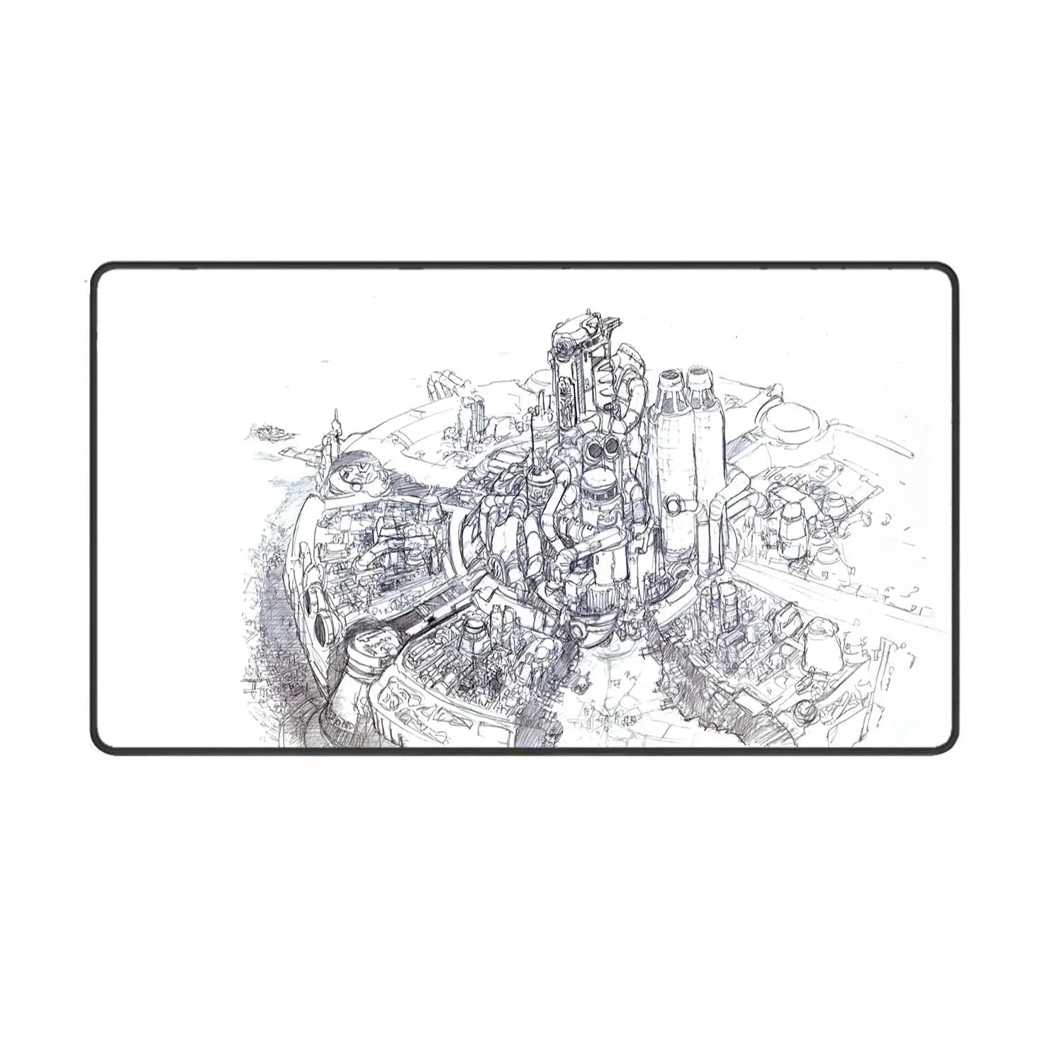 Large gaming mousepad with intricate black and white futuristic cityscape sketch design