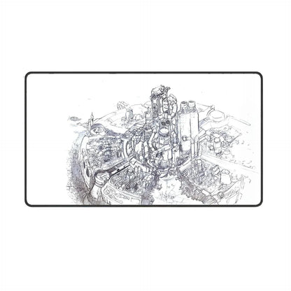 Large gaming mousepad with intricate black and white futuristic cityscape sketch design