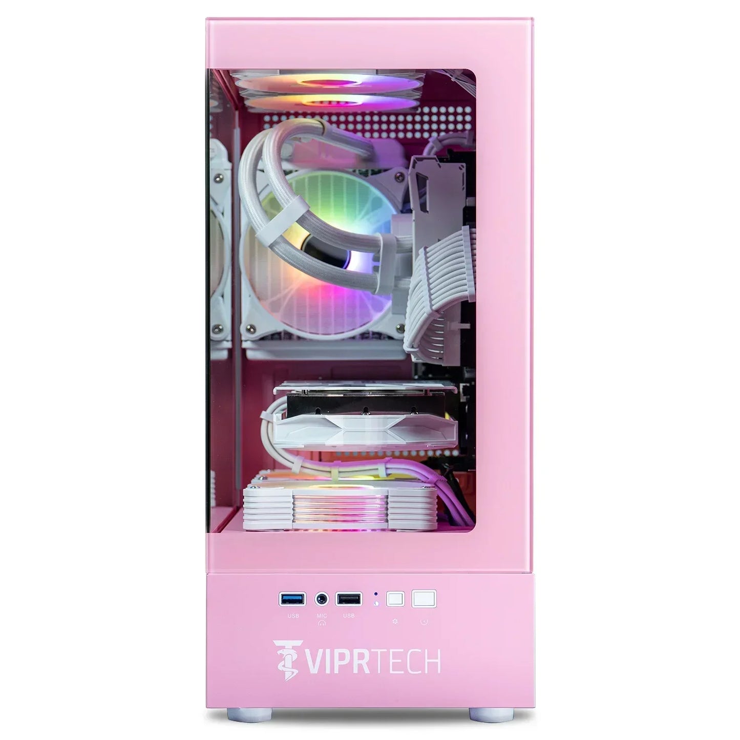 Pink gaming PC case with RGB lighting, tempered glass panel, front ports, and visible components.