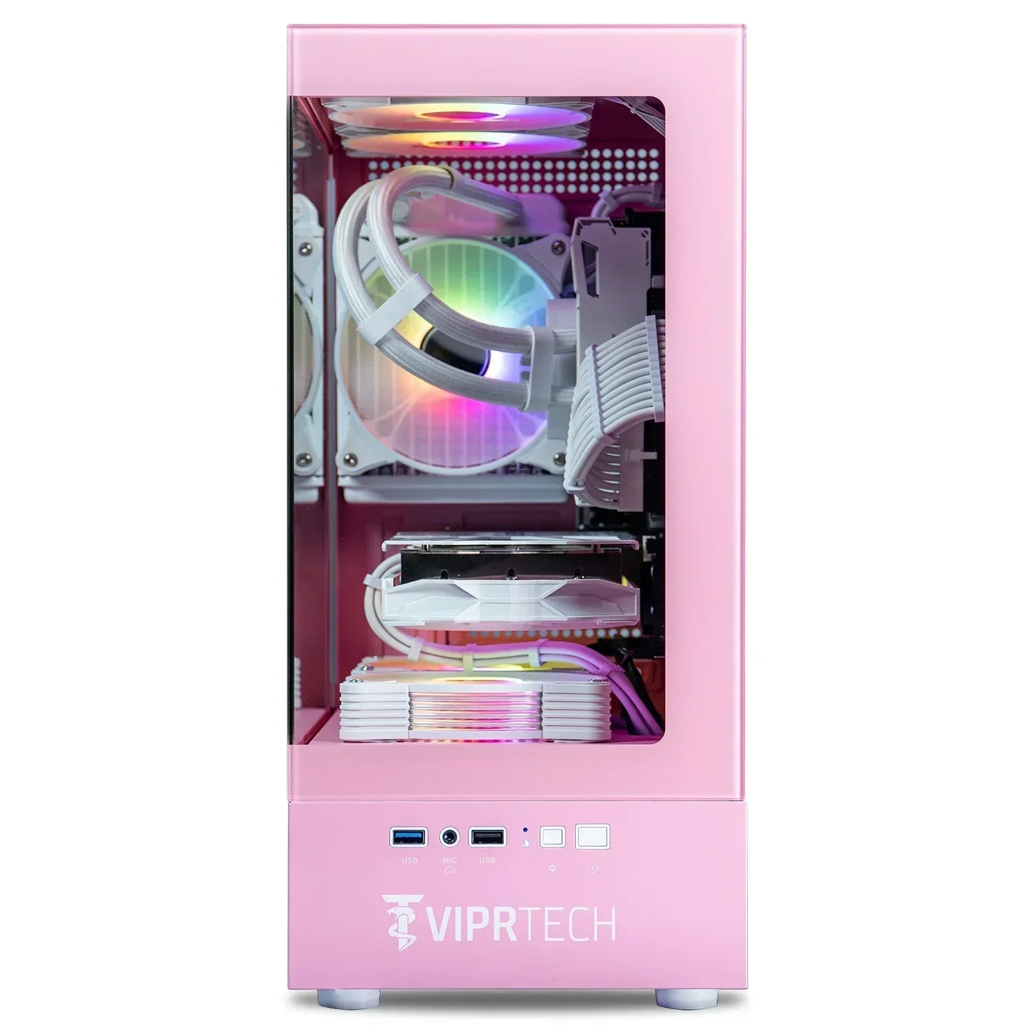 Pink gaming PC case with RGB lighting, tempered glass panel, front ports, and visible components.