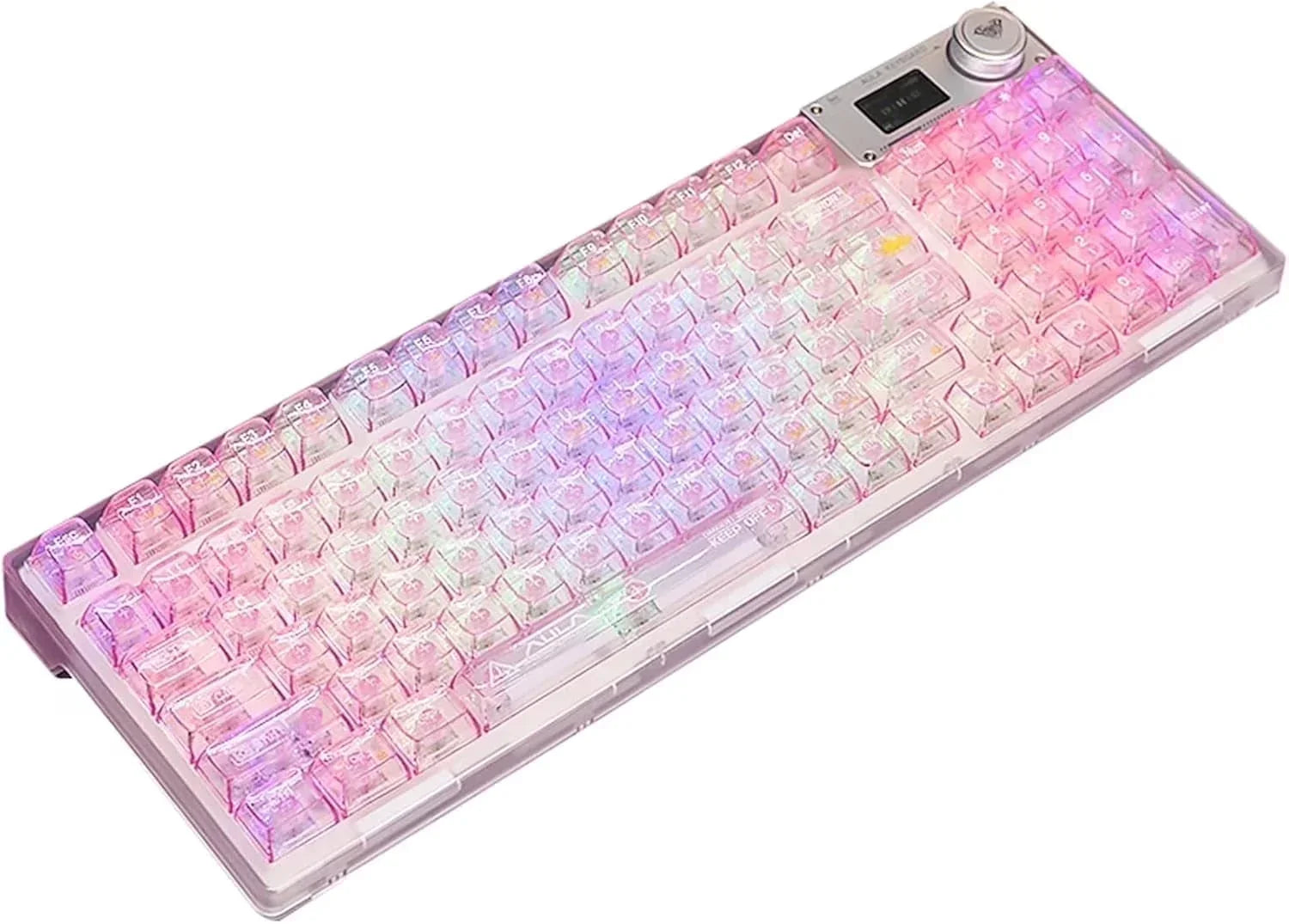 RGB gaming keyboard with transparent pink keycaps and retro 8-bit design from Byte Style