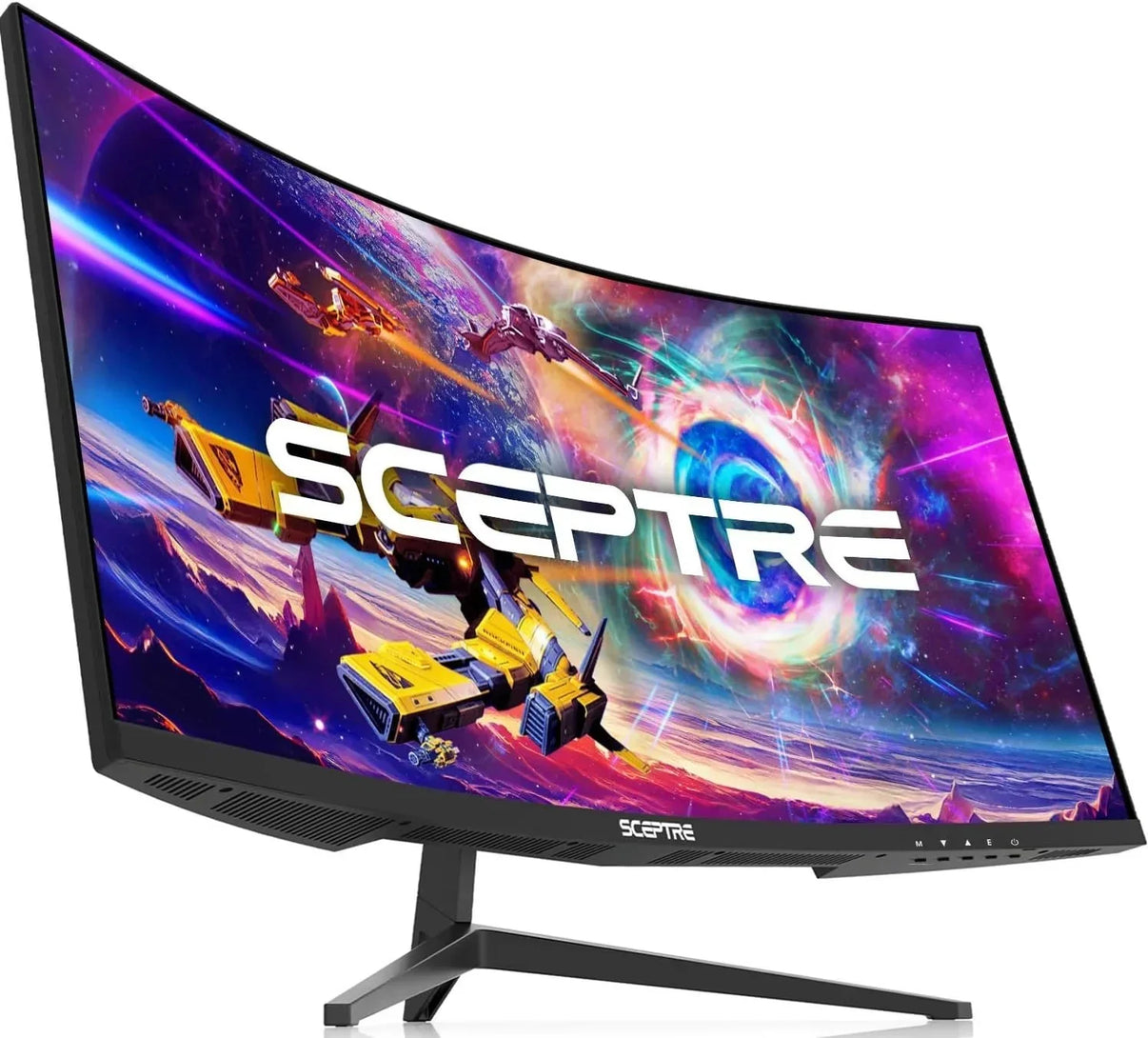Curved Sceptre gaming monitor with vibrant space battle wallpaper, sleek black stand and frame