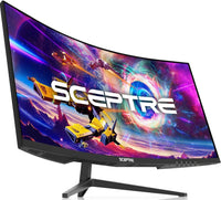 Curved Sceptre gaming monitor with vibrant space battle wallpaper, sleek black stand and frame