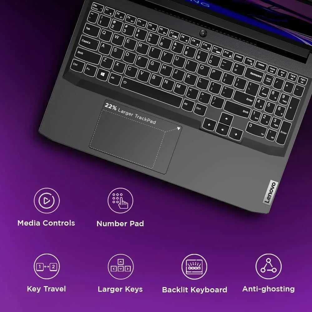 Lenovo laptop keyboard with large trackpad, backlit keys, number pad, and media controls on purple background.