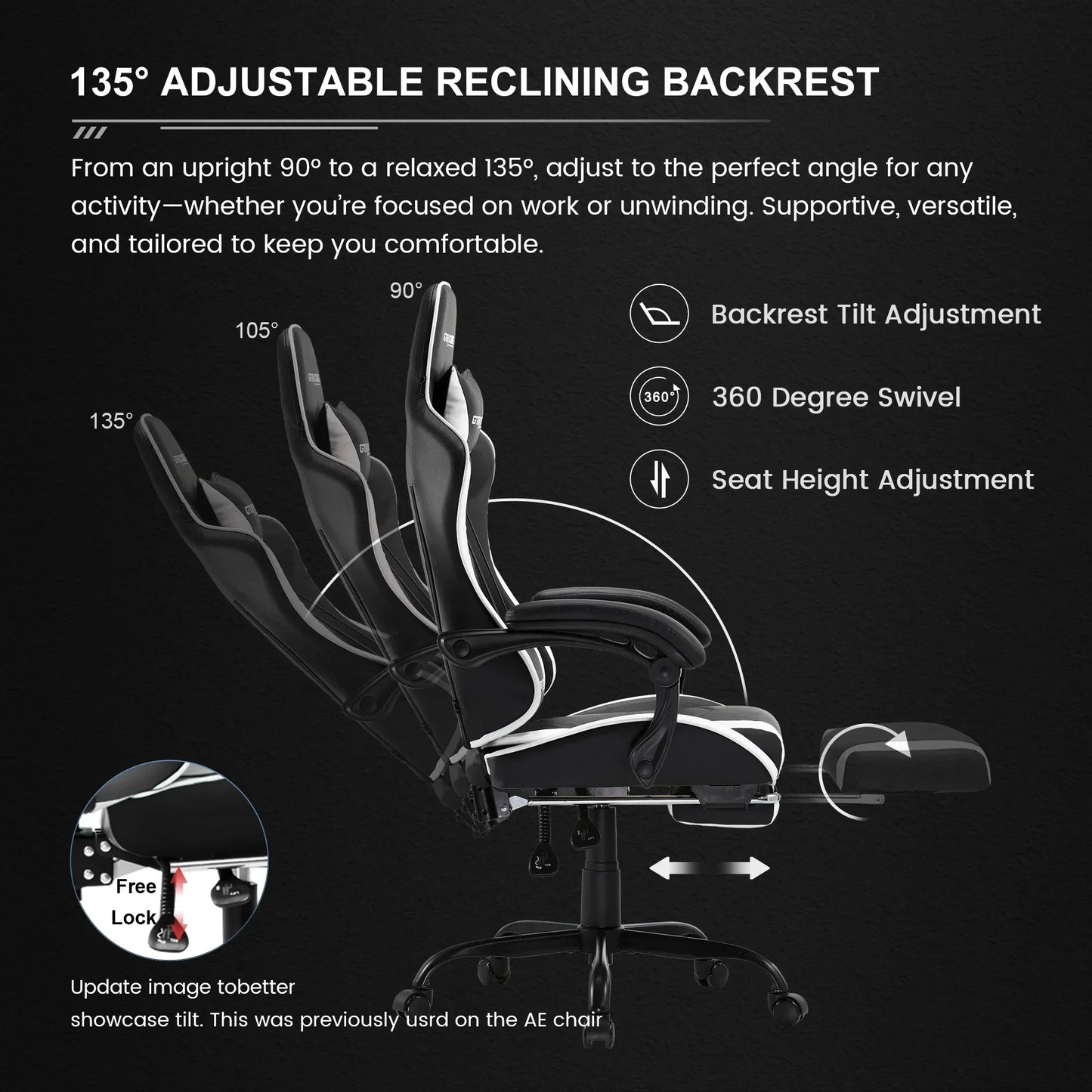 Black ergonomic office chair showing 90°, 105°, and 135° adjustable reclining backrest with footrest