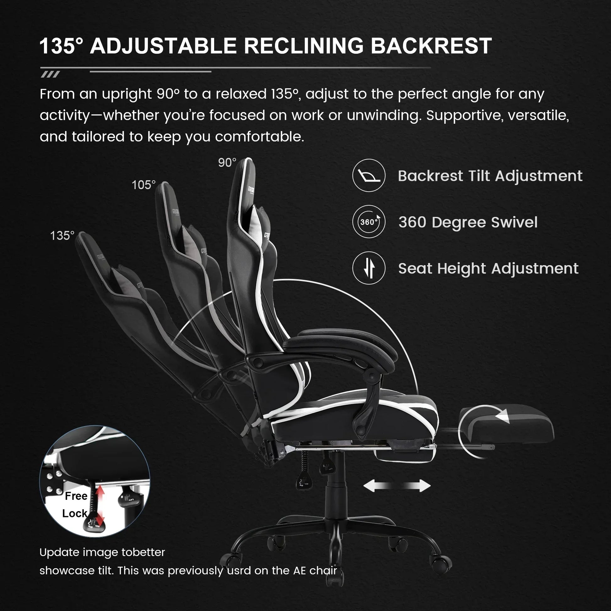 Black ergonomic office chair showing 90°, 105°, and 135° adjustable reclining backrest with footrest