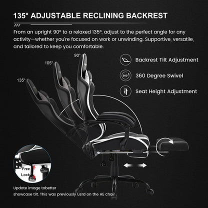 Black ergonomic office chair showing 90°, 105°, and 135° adjustable reclining backrest with footrest