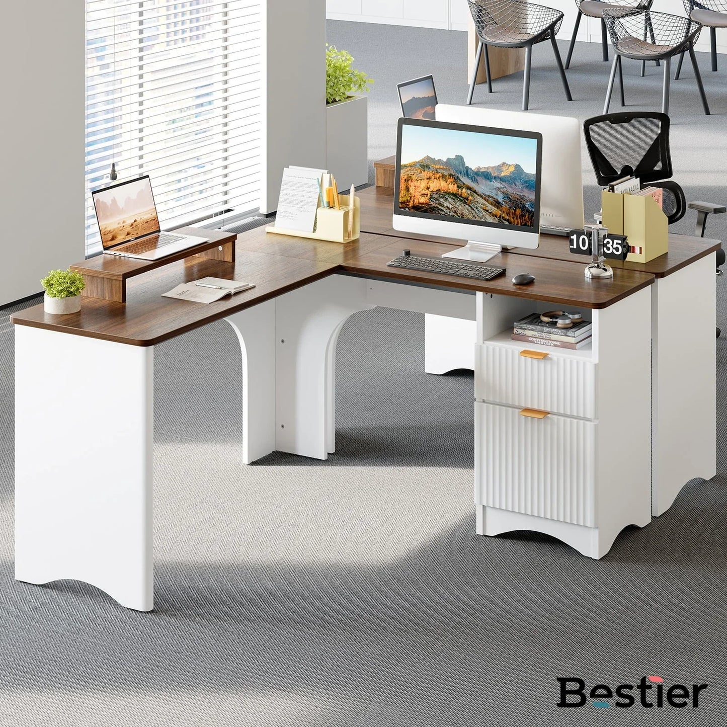 L Shaped Desk with Drawers, 55.7" X 55" Office Computer Desk with round Corners, Monitor Stand & Fluted Panels, White & Walnut