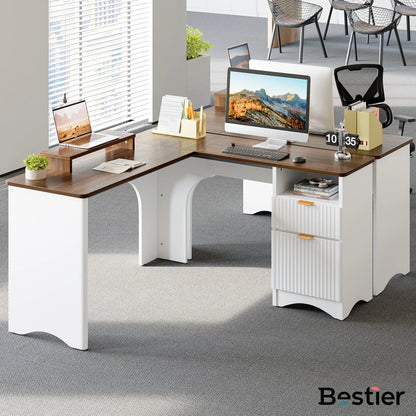 L Shaped Desk with Drawers, 55.7" X 55" Office Computer Desk with round Corners, Monitor Stand & Fluted Panels, White & Walnut
