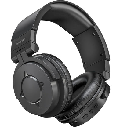 Black over-ear gaming headset with cushioned headband and ear cups, side buttons visible