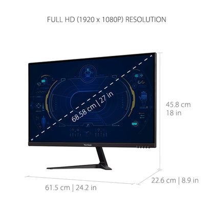 ViewSonic 27-inch Full HD 1920x1080 gaming monitor with dimensions in cm and inches