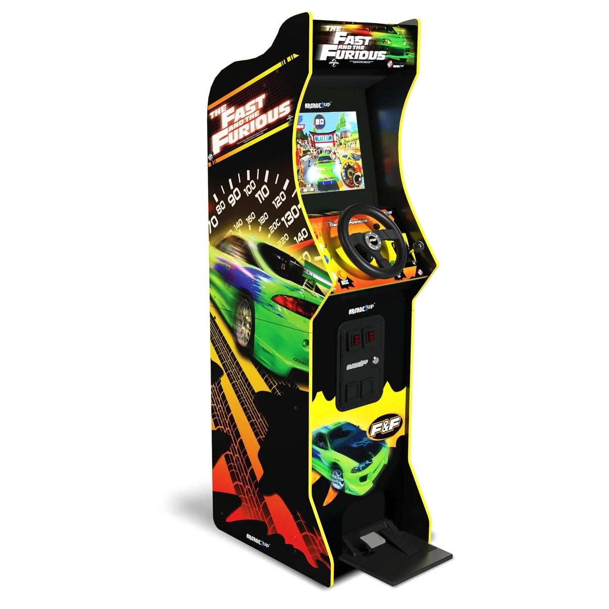 The Fast and the Furious retro racing arcade game cabinet with steering wheel and vibrant graphics