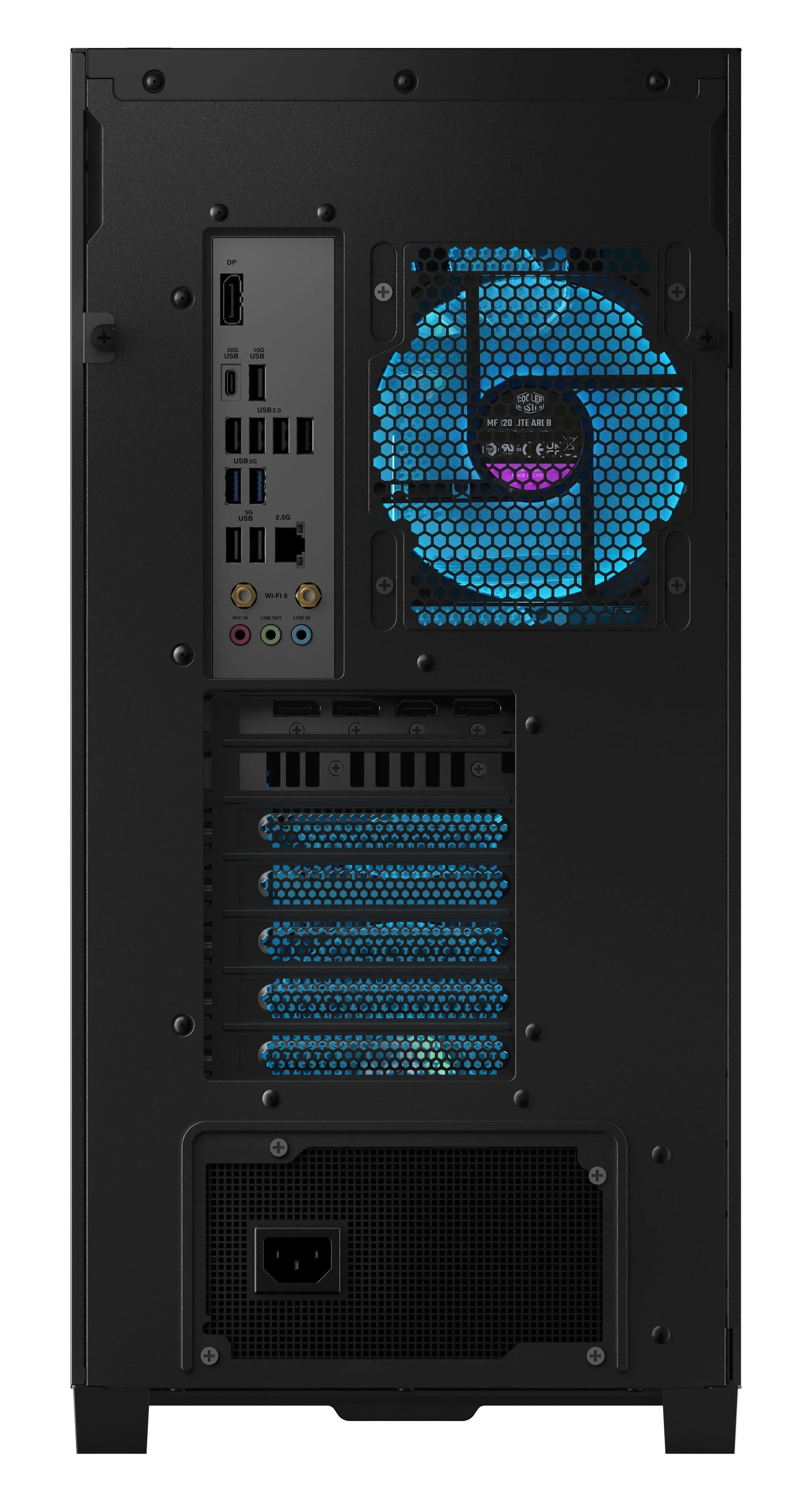 Rear view of black PC tower showing blue-lit cooling fan and multiple USB, audio, and Ethernet ports