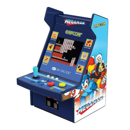 Mega Man retro arcade cabinet with pixel art graphics, joystick, and classic Capcom branding
