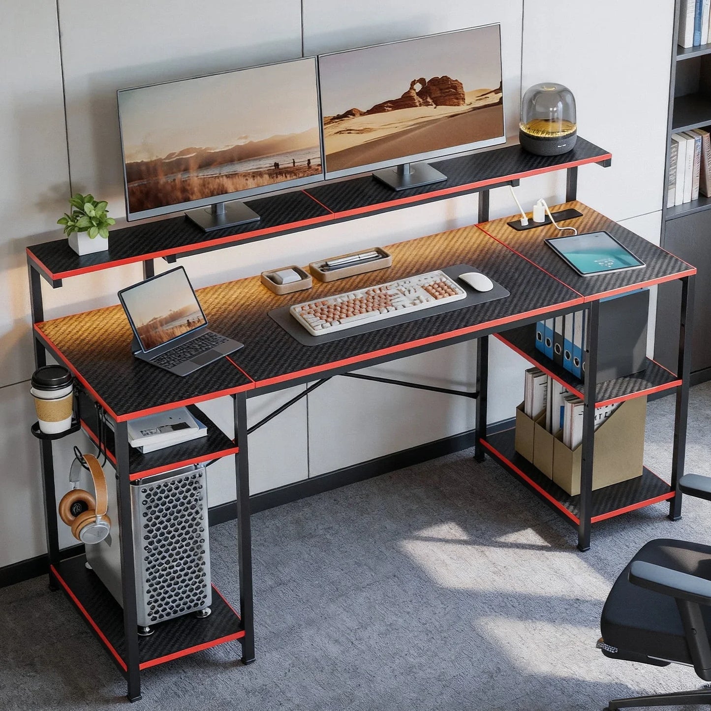 55" Pink Gaming Computer Desk with LED Light & Monitor Stand Corner Desk for Home Office, Pink Carbon Fiber
