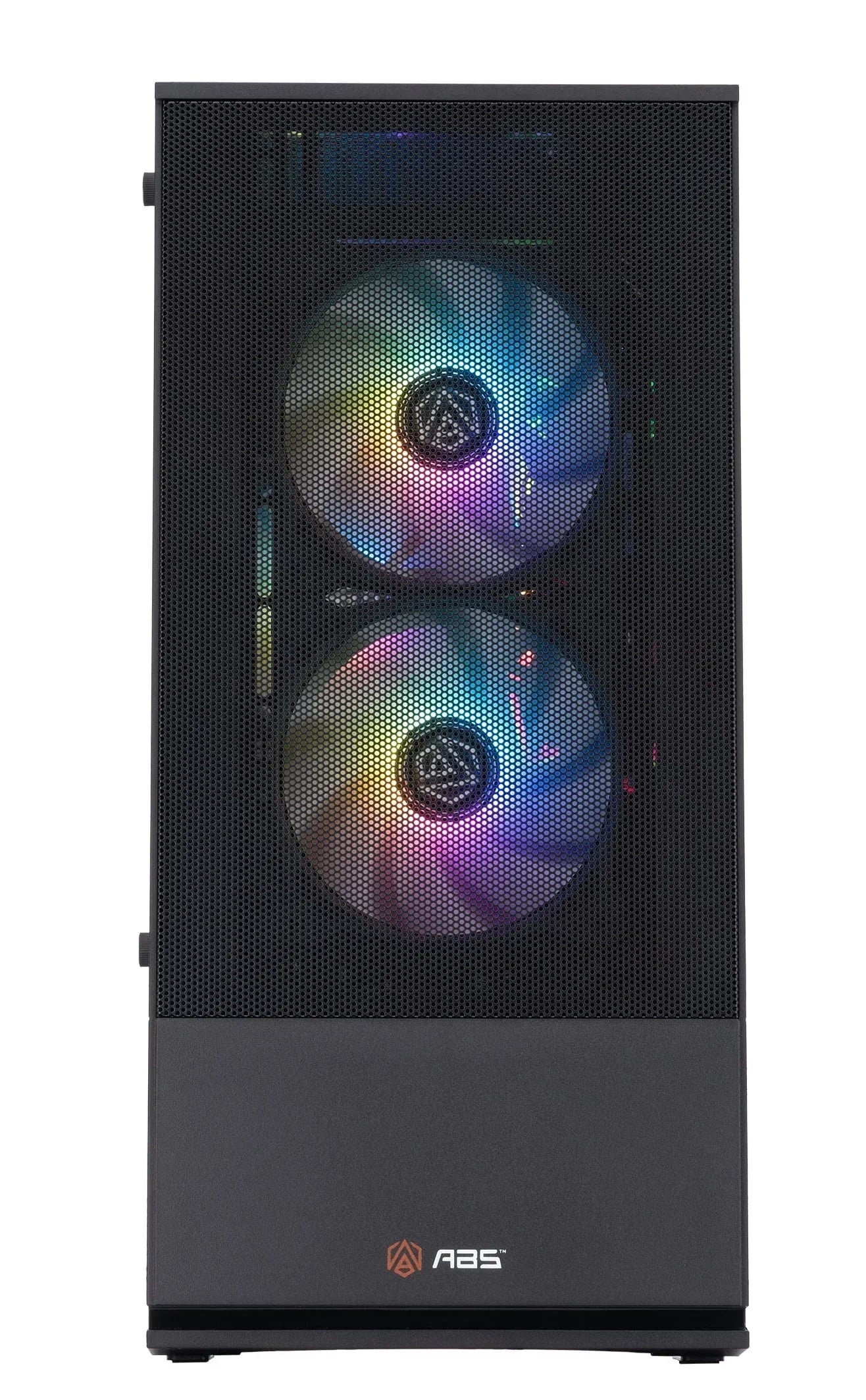 Gaming PC tower front view with RGB fans and mesh panel