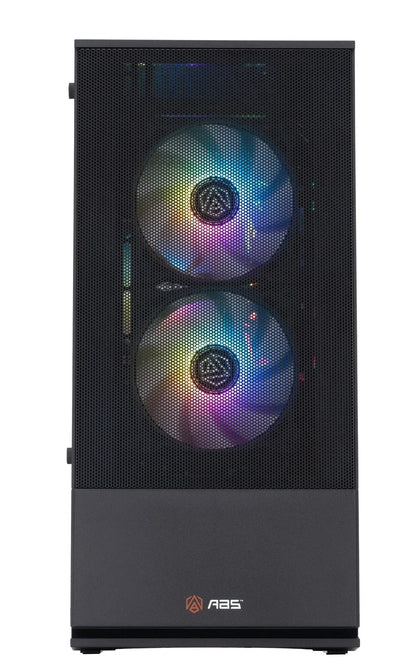 Gaming PC tower front view with RGB fans and mesh panel