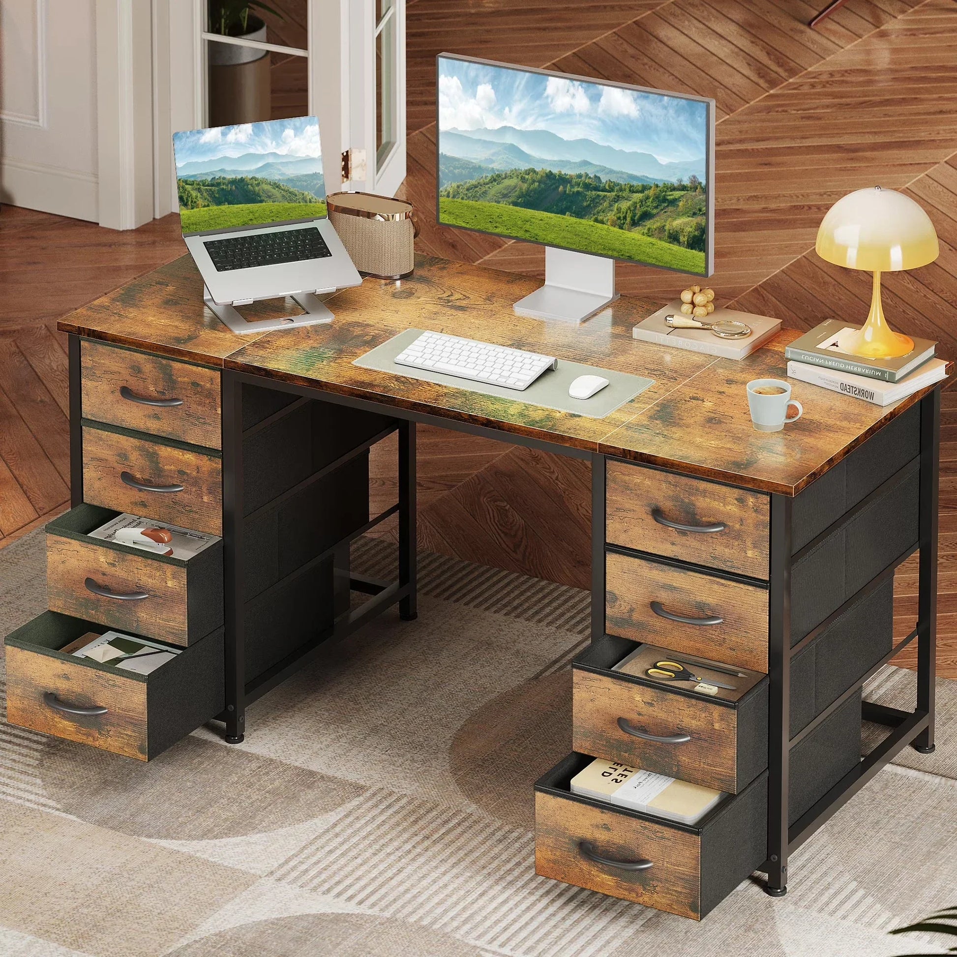 Vintage Computer Desk with Drawers for Storage - 55 Inch Home Office Desk with 8 Fabric Drawers, Writing Study Desk with Drawers on Both Sides for Bedroom